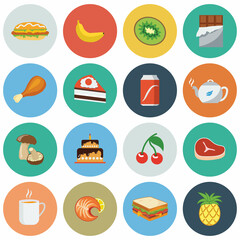 Online supermarket foods flat icons set of meat fish fruits and vegetables isolated illustration