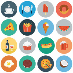 Online supermarket foods flat icons set of meat fish fruits and vegetables isolated illustration