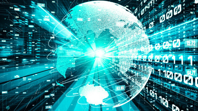 Futuristic global network and tacit digital data transfer 3D graphic . Concept of smart digital transformation and technology disruption that changes global trends in new information era .