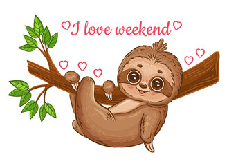 Cute lazy sloth hanging rest on branch tree. Funny tropical jungle baby animal relax. Cartoon character. Slow exotic amazon rainforest mammal. Love weekend. Kid print, greeting card. Hand drawn vector © Alla Koala