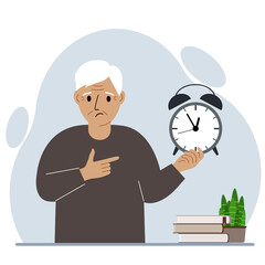 Modern concept of time management illustration. A sad grandfather holds an alarm clock in his hand and the second points to it.