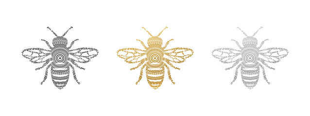 Bee Set - Bee Shape in Gold, Silver, Black - Vector Silhouette