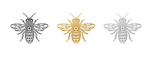 Bee Set - Bee Shape in Gold, Silver, Black - Vector Silhouette