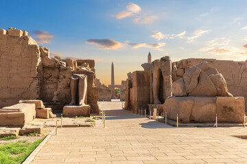 Karnak Temple, ruins of the Third and Fourth pylons and Thutmose I Obelisk, Luxor, Egypt - obrazy, fototapety, plakaty