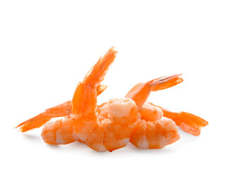 Tasty boiled shrimp tails on white background