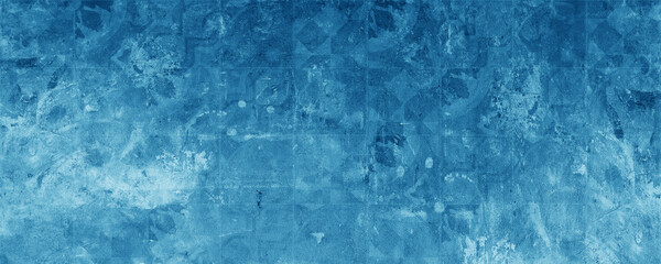 Abstract blue worn concrete cement wall with vintage retro geometric motif print texture background banner panorama