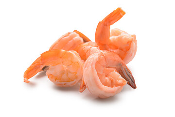 Tasty boiled shrimp tails on white background