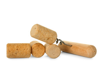 Wine corks and opener on white background