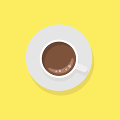 vector flat illustration of a cup of coffee on a yellow background. concept of morning drink, positive, happy new day. good morning card.