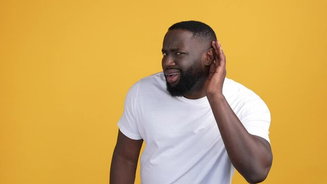 Guy interested no hear confidential message isolated vivid color background