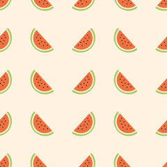 cute seamless pattern with a piece of watermelon on a light yellow background. drawn flat piece of watermelon. sweet, delicious template for textiles, fabrics. concept of summer, freshness