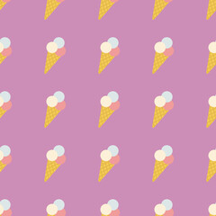 cute seamless pattern with ice cream cone on lilac, pink background. drawn flat ice cream. sweet, delicious template for textiles, fabrics. summer concept