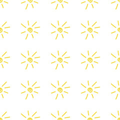 childish cute seamless pattern with doodle sun on white background. cute drawn sun, template for textile, fabric. the concept of summer, heat, weather, spring, beach holiday, sunbathing