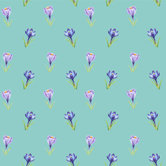 Floral seamless pattern of crocuses drawn by markers on a Eggshell Blue background. For fabric, sketchbook, wallpaper, wrapping paper.