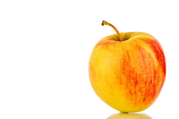 One red juicy apple, macro, isolated on white.