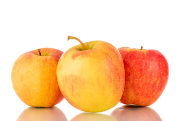 Fototapeta na wymiar Three red juicy apples, macro, isolated on white.
