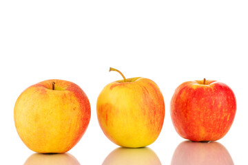 Three red juicy apples, macro, isolated on white.