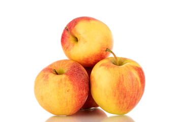 Three red juicy apples, macro, isolated on white.