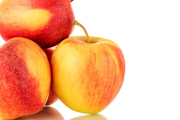 Three red juicy apples, macro, isolated on white.