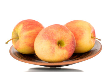 Three red juicy apples on a clay plate, macro, isolated on white.