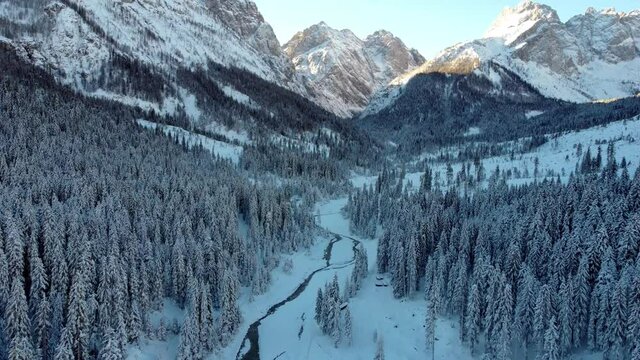 Winter In Sappada. Ice lake and breathtaking views. Dream Dolomites