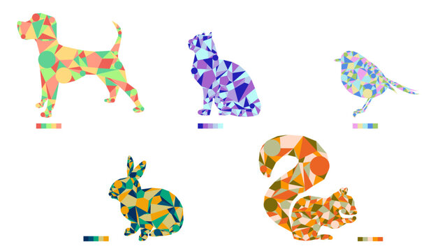 Cinque animali decorati con forme geometriche e colorati con cinque diverse palette. Cane, gatto, pettirosso, coniglio e scoiattolo.