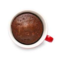 Cup with tasty chocolate brownie on white background