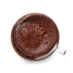 Glass cup with tasty chocolate brownie on white background
