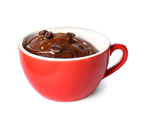 Cup with tasty chocolate brownie on white background