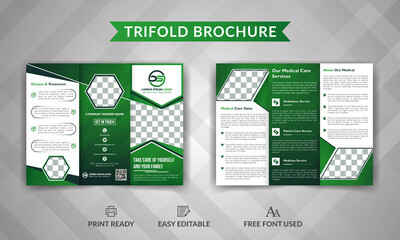 Medical Healthcare trifold brochure Template, clinic dental, hospital fitness pharmacy  with green color