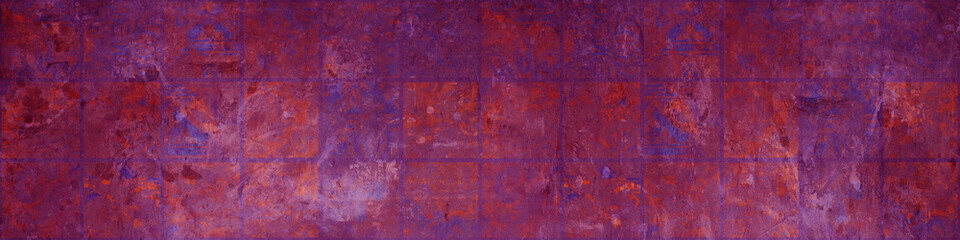 Old red pink purple vintage worn shabby patchwork square mosaic motif tiles stone concrete cement wall texture wallpaper background banner panorama