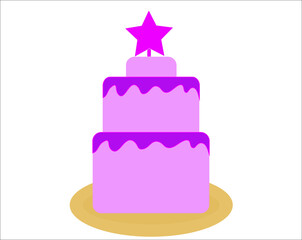 Purple birthday cake with star details and dark pink frosting. Vector illustration.