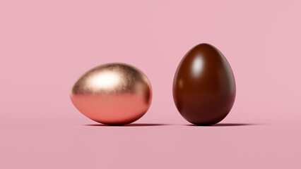 3D rendering, two chocolate eggs one in a copper wrapper on a pink background, banner, space for text, wallpaper