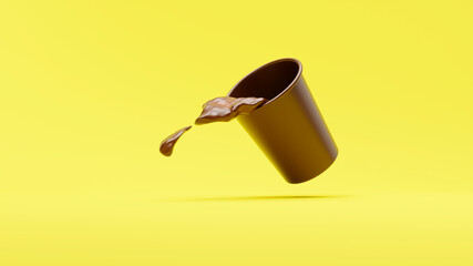 splash of sofa in falling gold cup, sloshing out of cup, yellow background, source or template, motion moment, 3d rendering