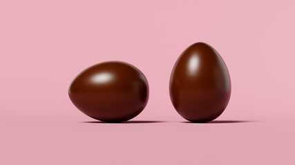 3D rendering, two chocolate eggs on a pink background, banner, space for text, wallpaper