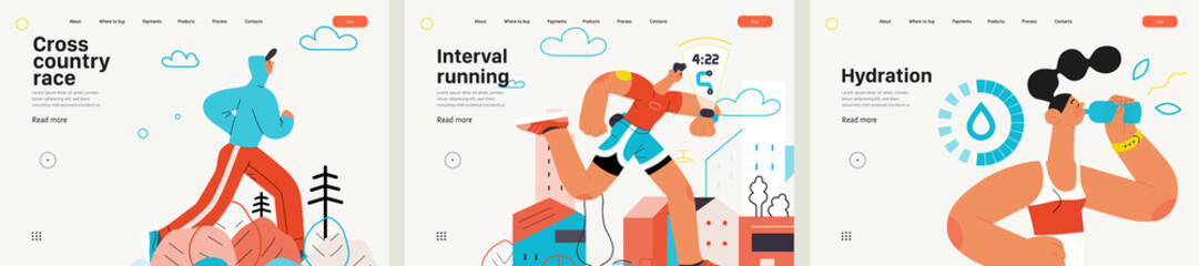 Runners website templates set. Flat vector concept illustrations of athletes running in a park, forest, stadium track or street landscape. Healthy activity and lifestyle. Sprint, jogging, warming up.