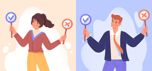Business decision right or wrong. Man and woman hold signs with tick and cross. Employees make moral choice between right and wrong or true or false. Cartoon modern flat vector illustration set