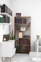Bookcase with shelves in modern interior of room