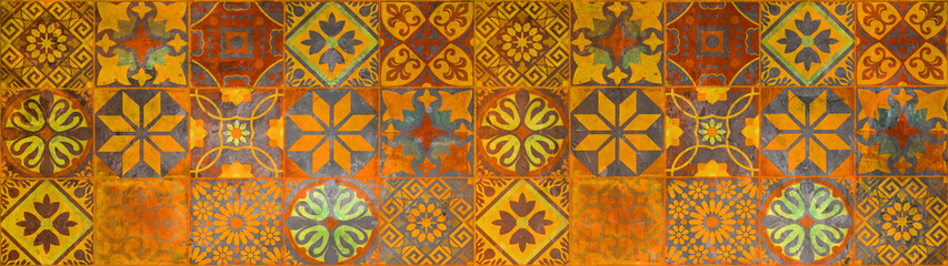 Colorful abstract orange yellow red vintage retro geometric square retro mosaic motif tiles texture...