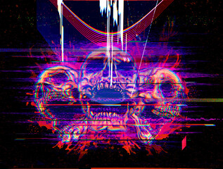 Glitched skulls trinity. Concept illustration of three skulls on the ground in the style of glitched corrupted graphics.