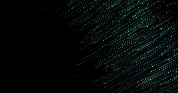 Optic fiber lines animated on right side of abstract backdrop for technology footage concept with copyspace. Futuristic rain flow with strokes.