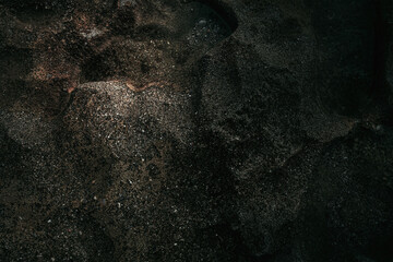 Mystic grim mountain rock prison. Fogy spooky fortress in dark alley. Old cragged creepy mythical cliff. Vintage fearful crannied horrible stone. Damaged terrible karst cavern for crime mystery drama