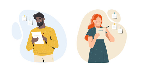 Set of characters taking notes. Man and woman write reminders on stickers. Characters develop business projects, think creatively and brainstorm. Cartoon flat vector collection on white background