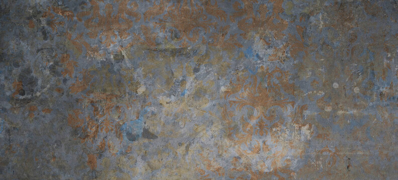 Old gray blue vintage shabby patchwork motif tiles stone concrete cement wall texture background..