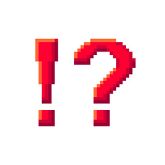 Exclamation point and Question mark pixel art red punctuation mark computer games graphics style vector illustration isolated on white