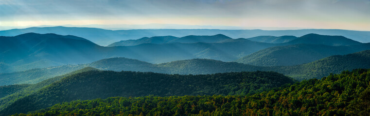 View of Blue Ridge Mountains and Shenandoah Valley from overlook on Skyline Drive in Shenandoah...