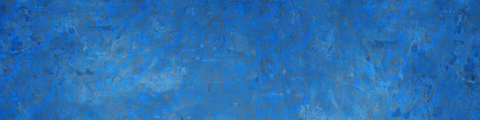 Abstract blue worn concrete cement wall with vintage retro geometric motif print texture background banner panorama