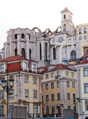 Remains of Do Carmo Monastery as seen from Praca da Figueira in Lisbon, Portugal.