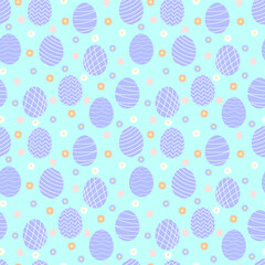 Vector colored easter eggs seamless pattern for Easter holidays on pink background. Patterns, flowers, lines, stars. Vector illustration. EPS 10, doodle style