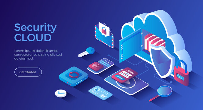 Cloud Security and Data Protection. Online safety, confidentiality of information. Cloud storage, password, lock, personal identification. Isometric landing page. Vector web banner.
